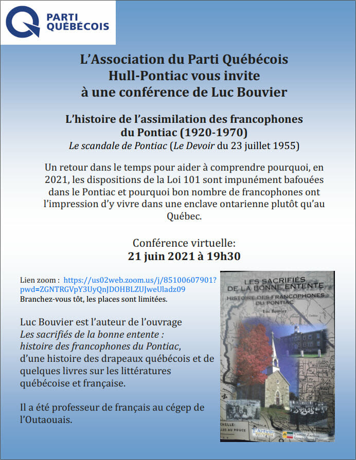 PQ Invitation Conférence de Luc Bouvier Francophones du Pontiac 21 juin 2021