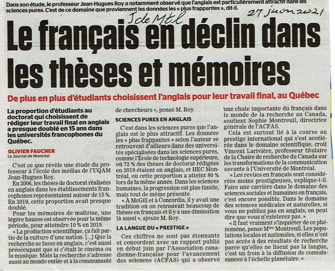 Le français en déclin dans les thèses et mémoires